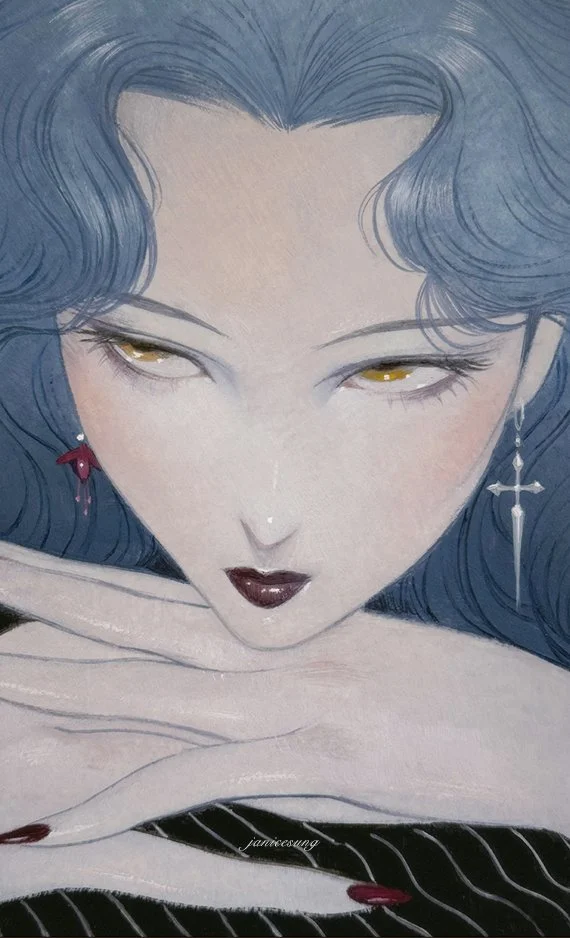 Fantasy gothic oil painting by Janice Sung titled Raventhorn, depicting a portrait of a blue vampire