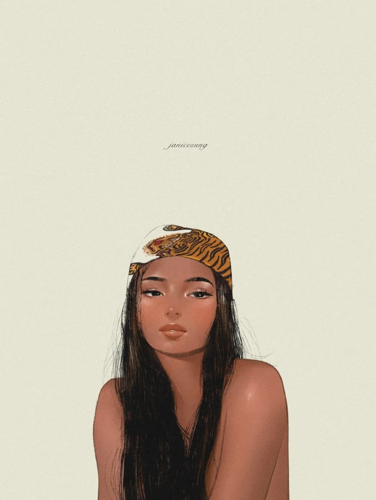 A stylized digital illustration by Janice Sung of a young woman with long dark hair wearing a tiger-print headscarf against a plain background with the name 'janieceung' written above.