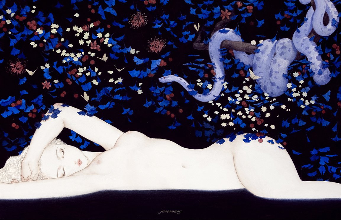 A stylized watercolor painting by Janice Sung titled pandora of a woman with light skin surrounded by blue leaves and a snake, with a dark background. inspired by yoshitaka amano final fantasy
