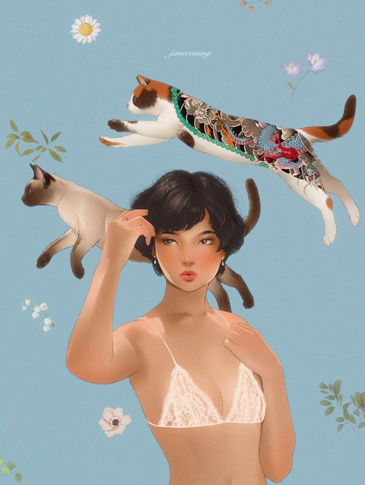A stylized digital illustration by Janice Sung of an asian woman in a white lace bralette is surrounded by floating cats and floral elements against a blue background.