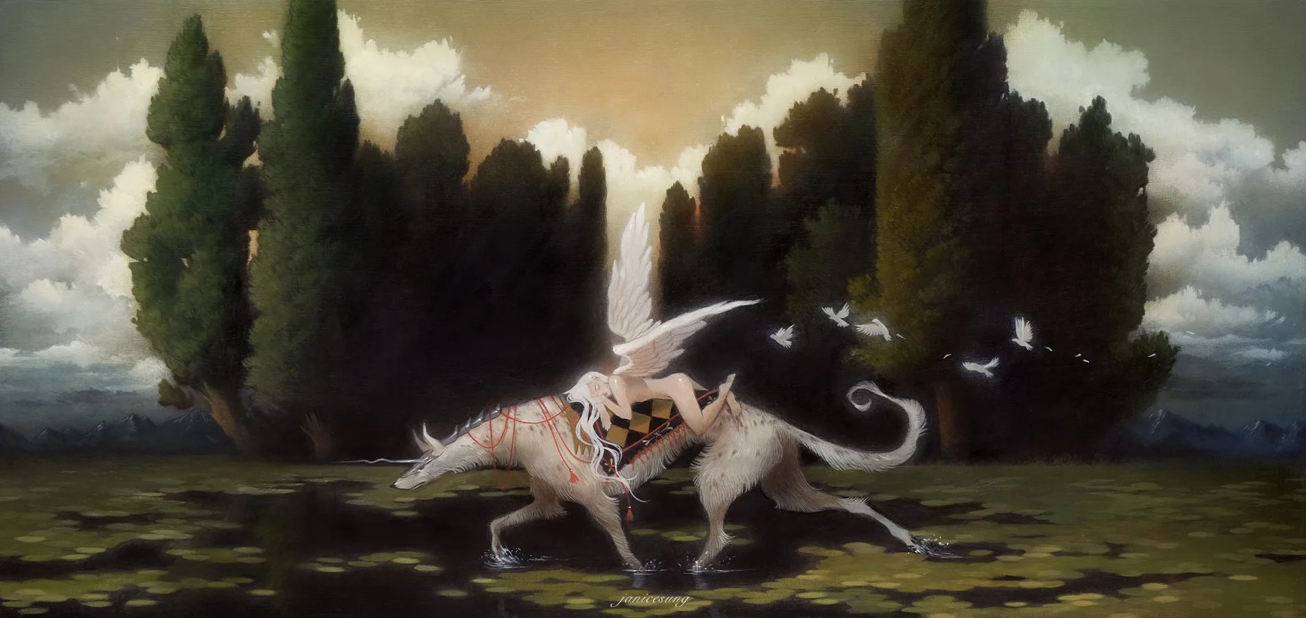 Fantasy oil painting by Janice Sung titled What the Trees Remember, depicting an angel on a hound animal dog