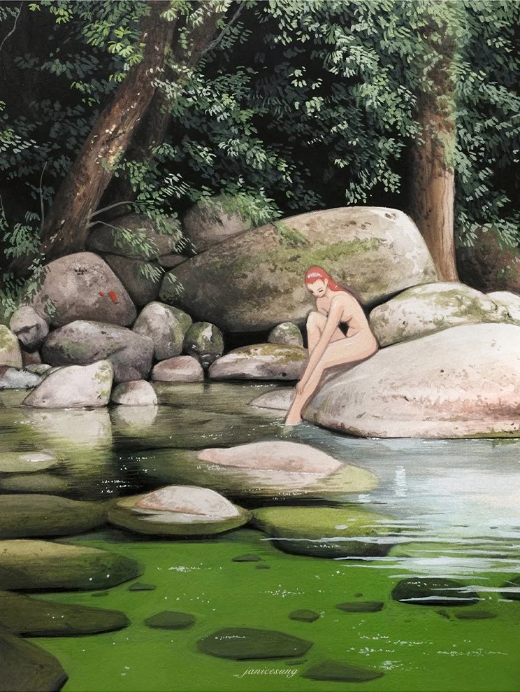 A ghibli miyazaki inspired gouache watercolor painting by Janice Sung titled Lush. Of a woman bathing in a lush forest with a green peaceful serene river. Inspired by anime japanese traditional art.