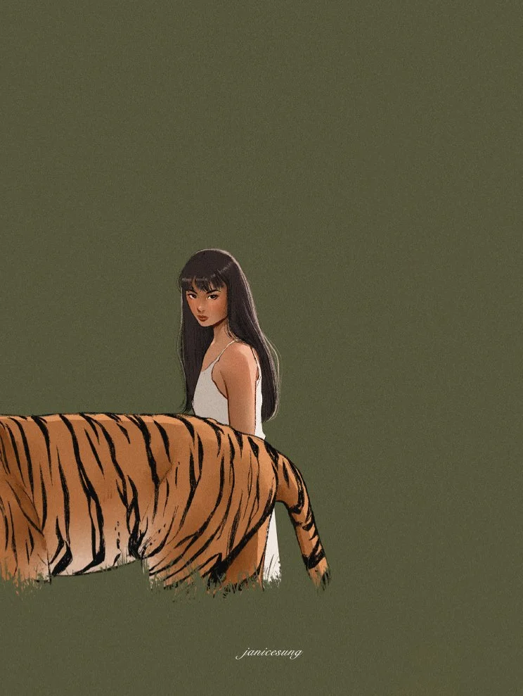 Digital illustration of a woman with long black hair, standing behind a tiger on a plain green background, wearing a white dress.