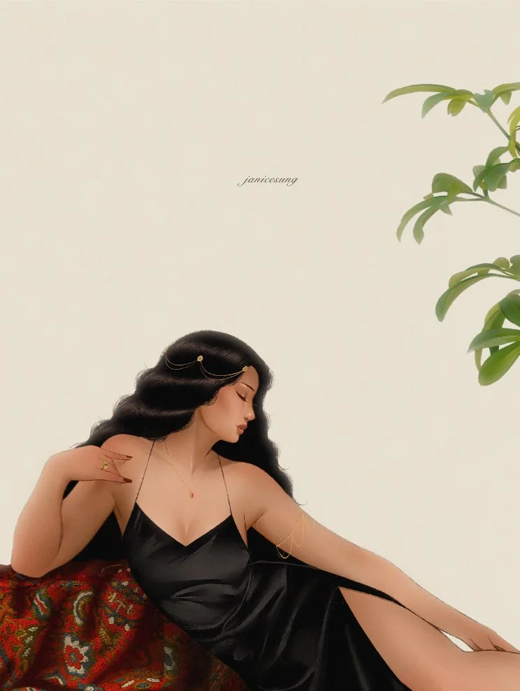 A stylized digital illustration by Janice Sung of A woman with long black wavy hair, dressed in a black satin gown, She has gold jewelry and is in a relaxed pose with her eyes closed.