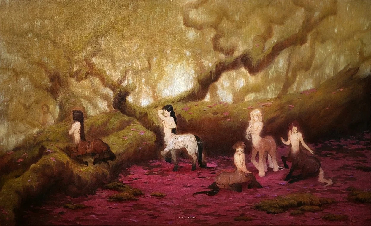 Fantasy oil painting by Janice Sung titled Sister of Pelion, depicting an group of centaur women in a lush pink forest. Inspired by the centaurs in Disney Fantasia.