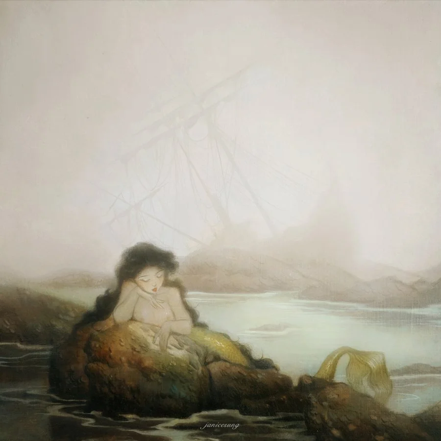 Fantasy oil painting by artist Janice Sung of a siren mermaid woman with ship in the foggy misty background
