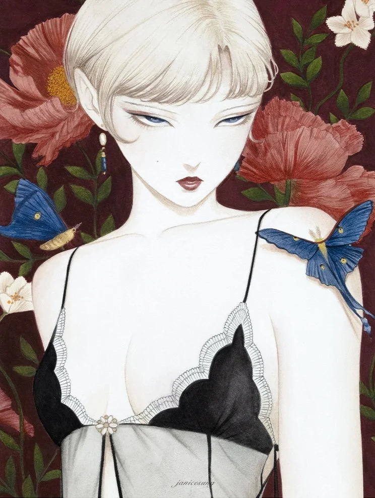 A stylized mystical watercolor painting by Janice Sung titled Cherie of a light woman with a lace top short blonde hair and sensual eyes. The background is vintage red flowers and blue butterflies. inspired by yoshitaka amano final fantasy