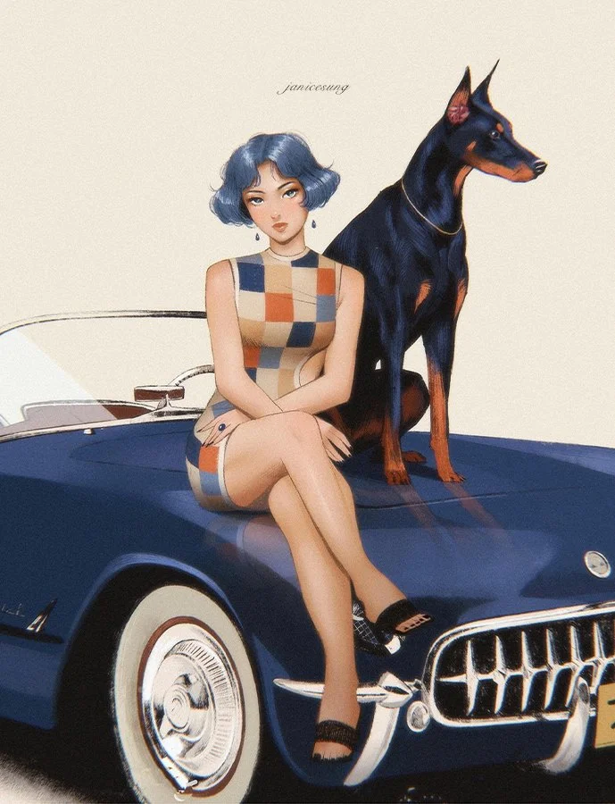 A woman with short blue hair and a checkered dress sitting on the hood of a vintage black car, with a Doberman dog sitting beside her.
