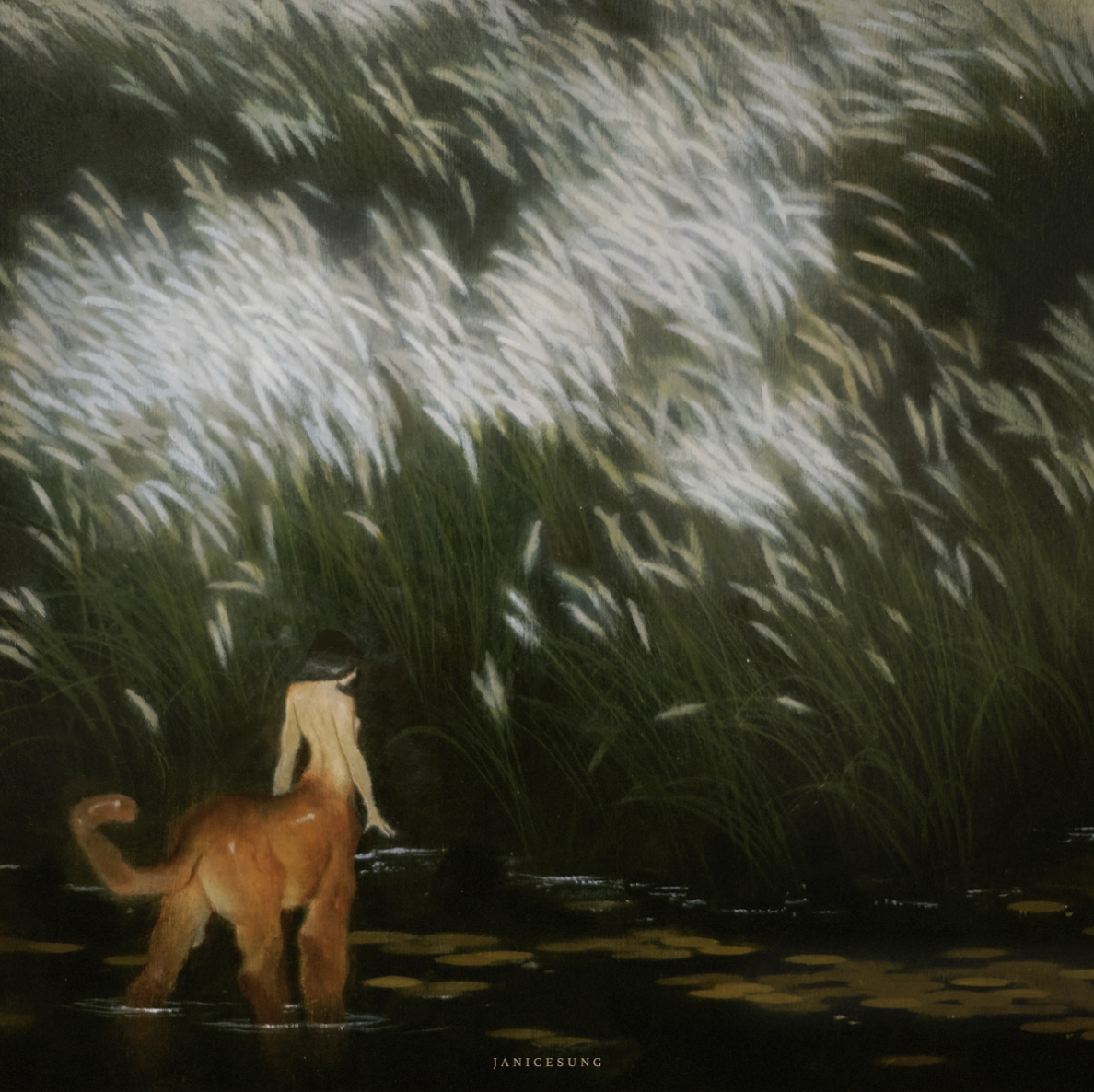Fantasy oil painting by artist Janice Sung of sphinx sphynx centaur in the lake of willows
