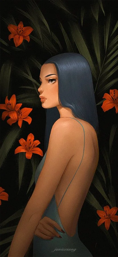 A digital illustration of a woman with long dark blue hair, wearing a backless dress, surrounded by orange lilies and dark green leaves.