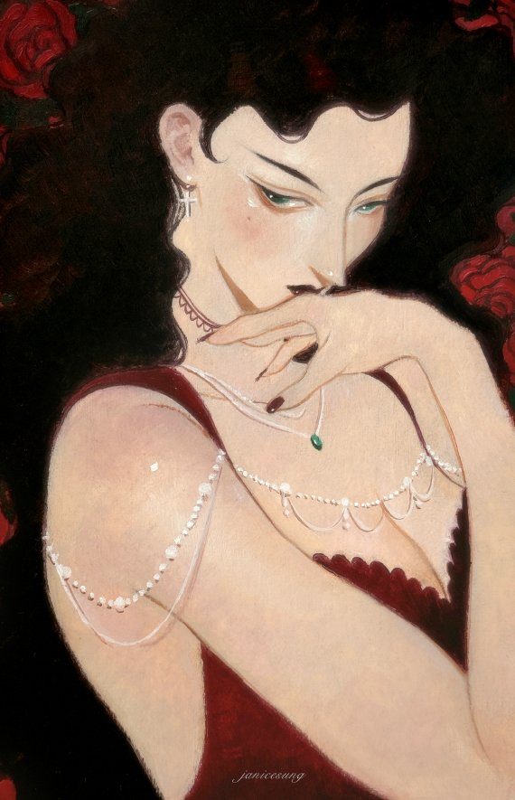 Oil painting by Janice Sung titled Thorned Desire, a portrait of a gothic victorian woman with roses. inspired by yoshitaka amano and vampires
