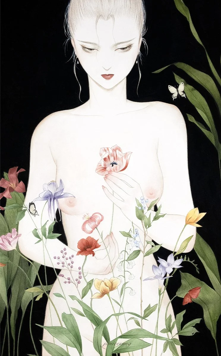 A stylized watercolor painting by Janice Sung of a woman with light skin and dark hair, surrounded by colorful flowers and butterflies, with a dark background. inspired by yoshitaka amano final fantasy