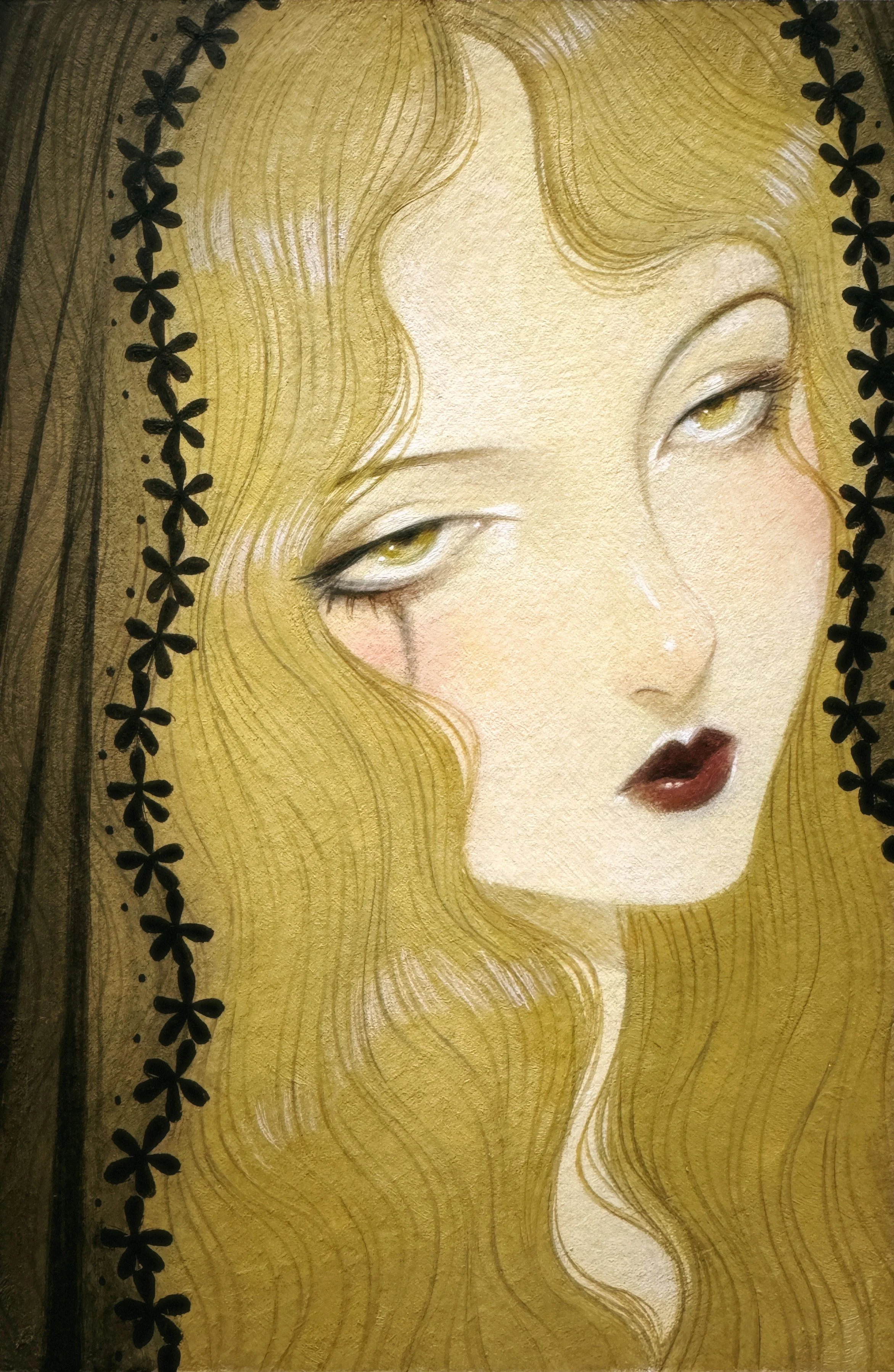 Oil painting by Janice Sung titled Cosmic Allure, a portrait of a gothic blonde woman sad bride