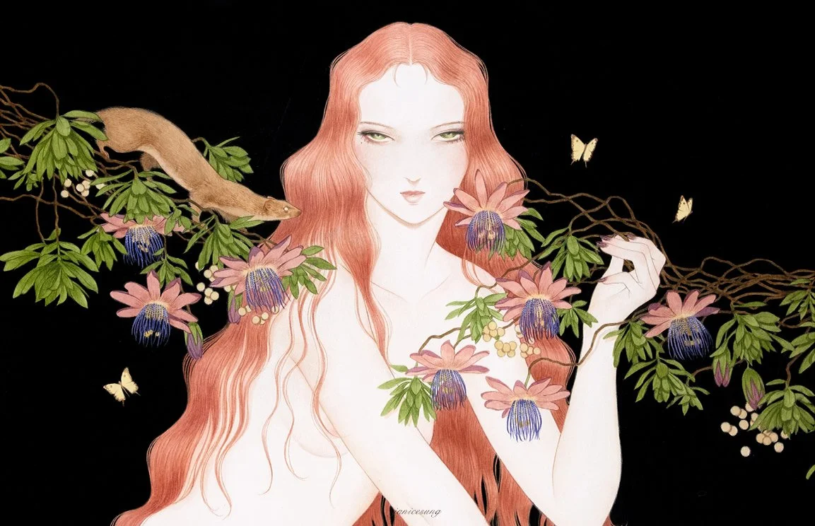 A stylized watercolor painting by Janice Sung titled hera and galanthis, of a woman with light skin and long red hair surrounded by flowers and a ferret, with a dark background. inspired by yoshitaka amano final fantasy