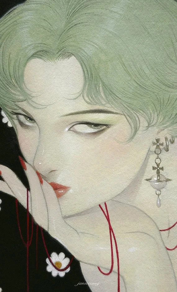 Oil painting by Janice Sung titled Cosmic Allure, a portrait of a gothic woman