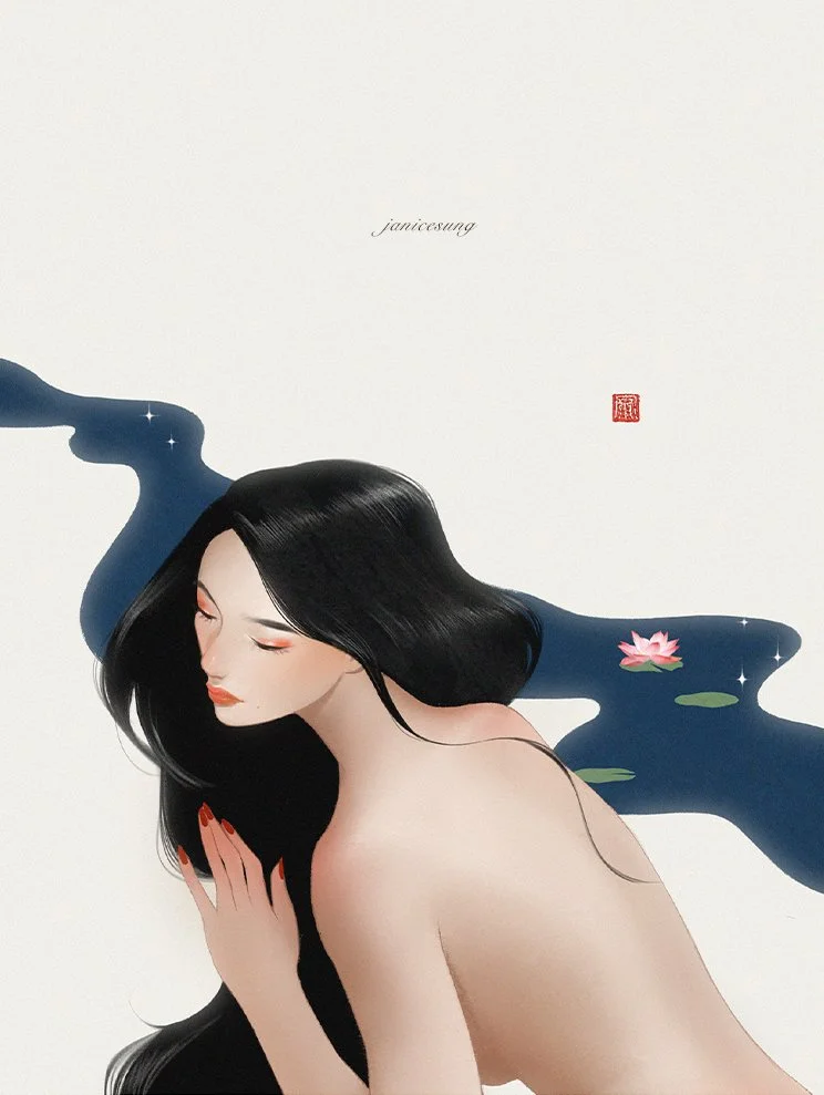 Digital Illustration Japanese inspired by Janice Sung of an Asian woman with long black hair, closed eyes, and red nail polish, resting her hand on her chest against a background with water, lily pads, and a pink water lily.