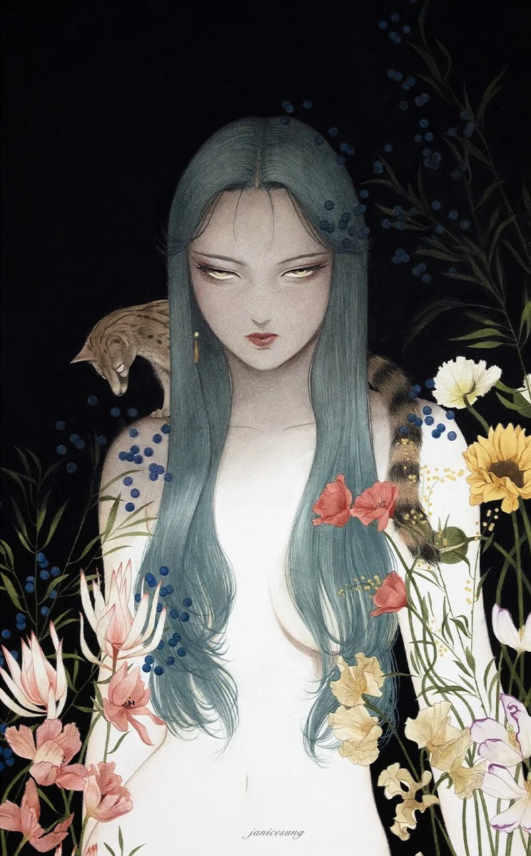 A stylized mystical watercolor painting by Janice Sung tit a woman with long teal hair surrounded by colorful flowers, with a ferret animal on her shoulder. The background is dark with blue and green foliage. inspired by yoshitaka amano final fantasy