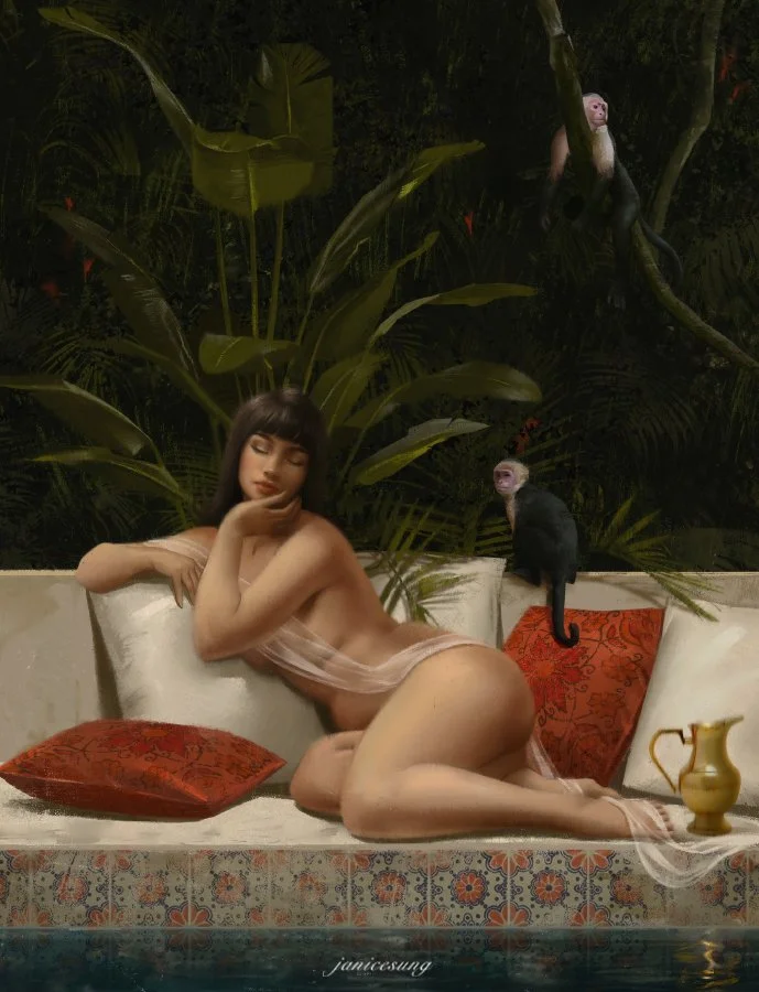 A woman with dark hair and bangs, nude, reclining on a sofa with red pillows, surrounded by large green tropical plants, with two black monkeys and a small yellow pitcher.