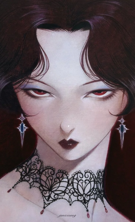 Oil painting by Janice Sung titled Laced Crimson, a portrait of a gothic woman with red eyes and lips with lace victorian necklace inspired by Yoshitaka Amano