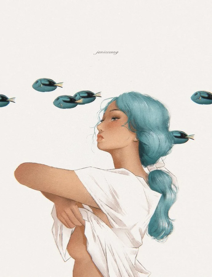 Digital illustration of a young woman with blue wavy hair in a loose ponytail, wearing a white shirt. She is seen in a side profile, with her arms crossed and partially inside her shirt. Several stylized blue and black fish are swimming in the air around her, and the background is plain white.