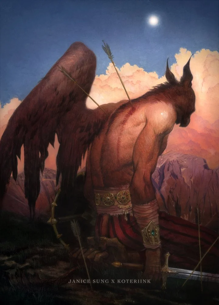 Fantasy oil painting by artist Janice Sung for Koteriink graphic novel, Wrath of the Feral. Depicting a fallen anthropomorphic bird solider. Fantasy baroque renaissance inspired classical medieval epic nature landscape