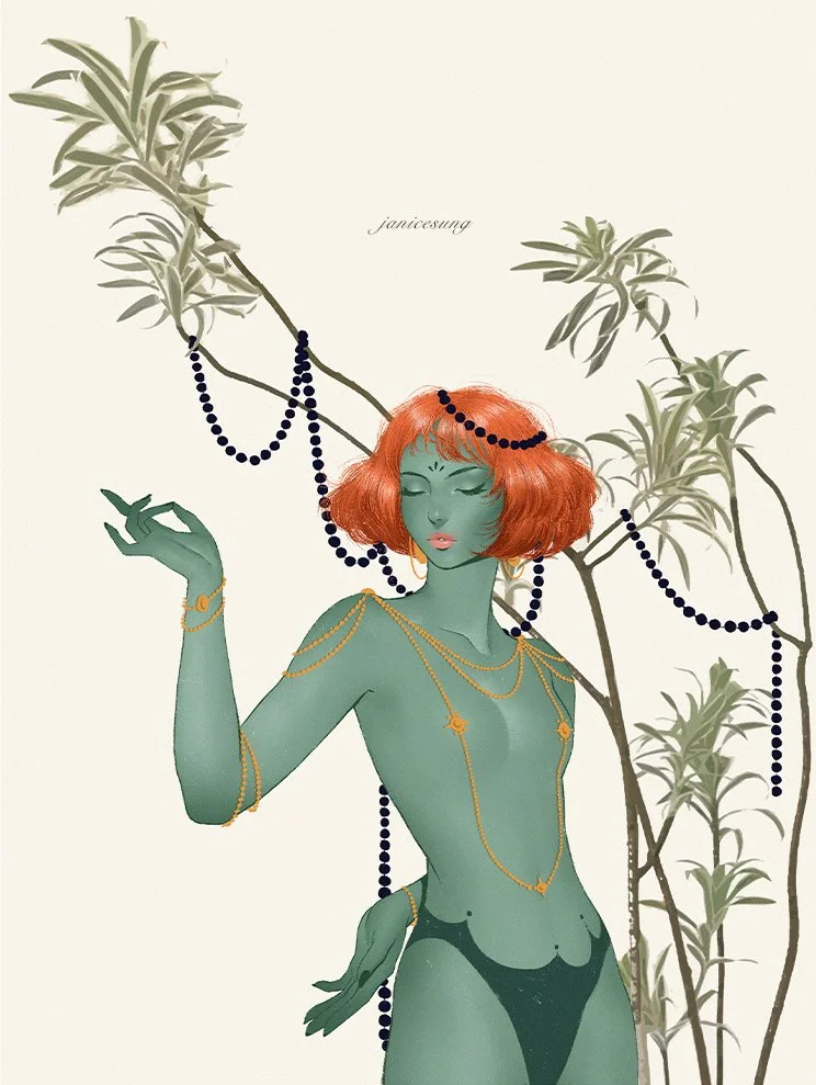 A stylized digital illustration by Janice Sung of a woman with green skin and red hair, adorned with gold jewelry, standing with her eyes closed against a background of bamboo stalks and leaves, with black bead necklaces draped around her.