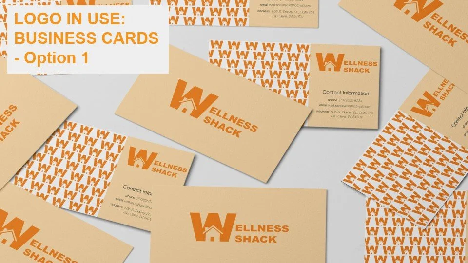 Collection of business cards and logo designs for Wellness Shack, all featuring a prominent orange 'W' with a small house icon underneath, displayed on a white surface.