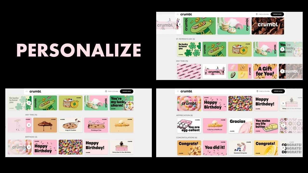 Screenshots of a website named crumb, showing customizable digital stickers and messages for occasions like birthdays and gratitude, with colorful designs and themed layouts.