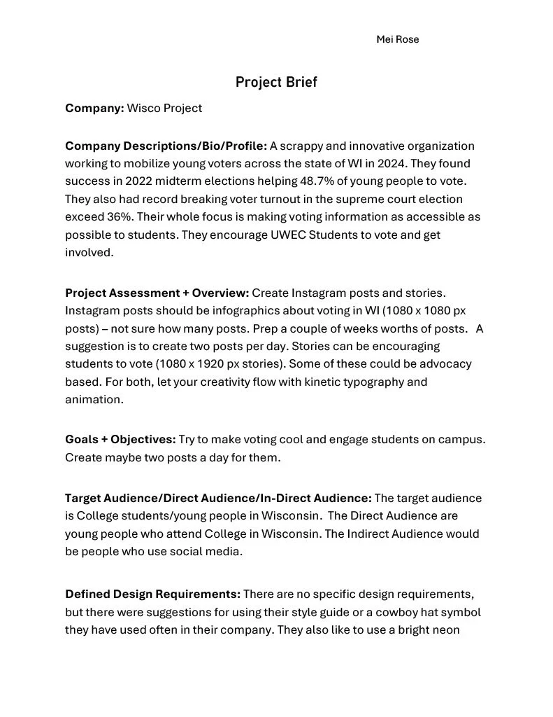 A project brief document for Wisco Project from Mei Rose, detailing company description, project assessment, goals, target audience, and design requirements.
