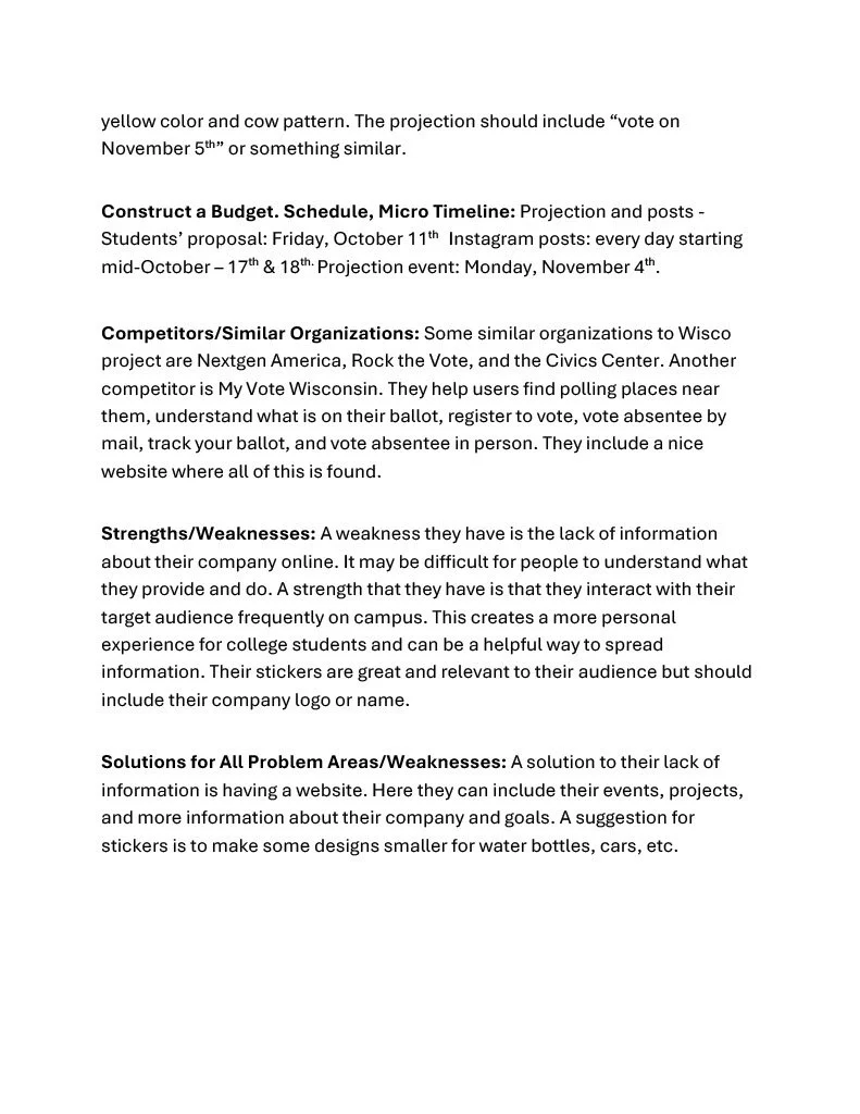 Text document discusses campaign planning including constructing a budget, micro timeline, competitors, strengths and weaknesses, and solutions. Mentions Instagram posts, polling organizations, and creating a website.