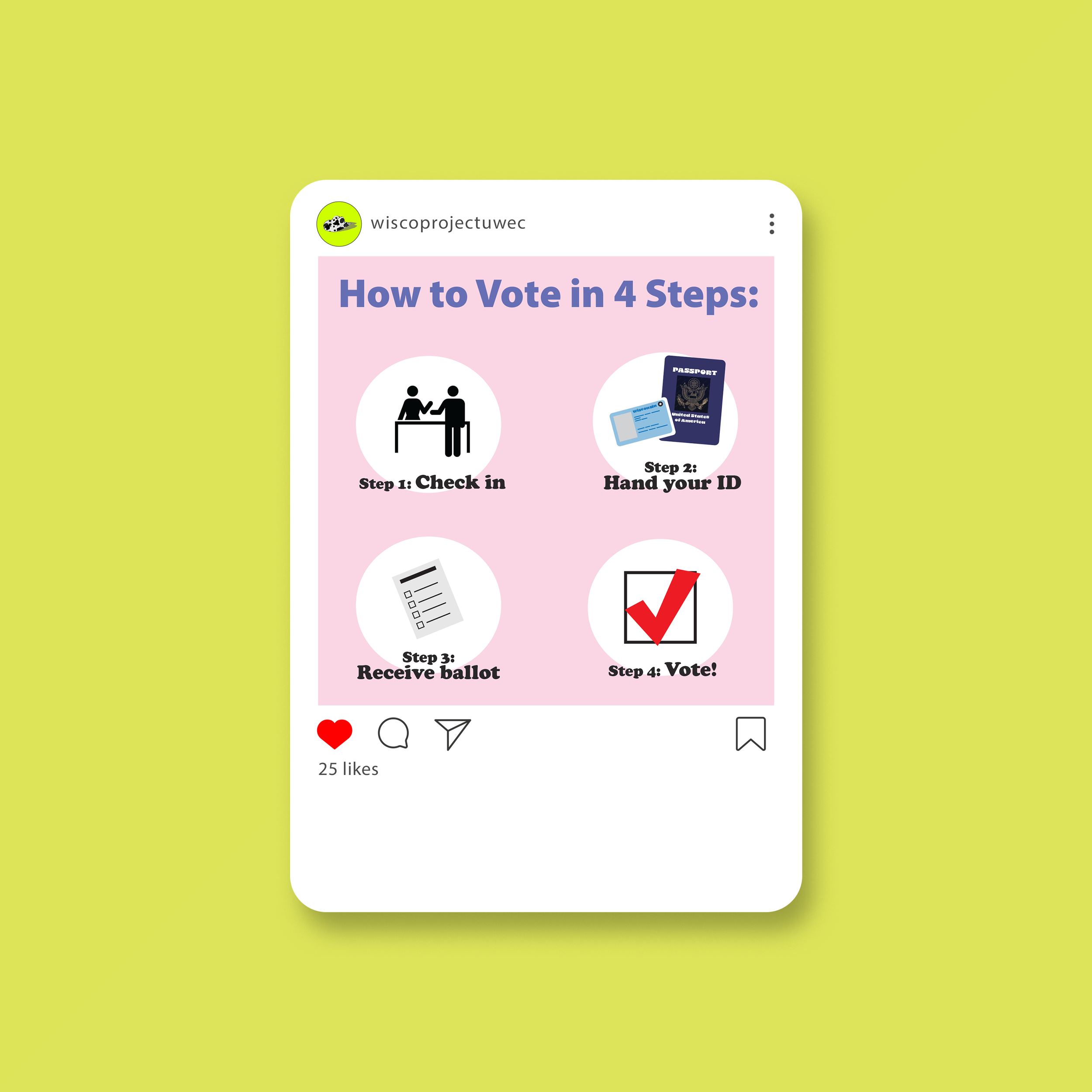 A social media post with a pink background explaining four steps to vote, featuring icons for check-in, showing ID, receiving a ballot, and voting with a checkmark.
