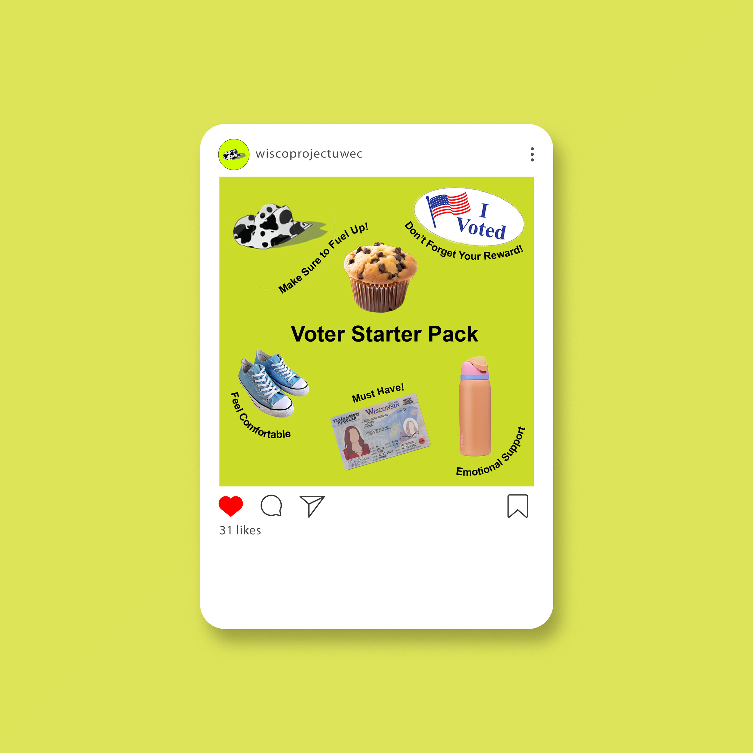 A social media post featuring a green background with a white frame representing a smartphone screen. The post is titled 'Voter Starter Pack' and contains images of a cow, an American flag sticker with the text 'I Voted,' a pair of blue sneakers, a d