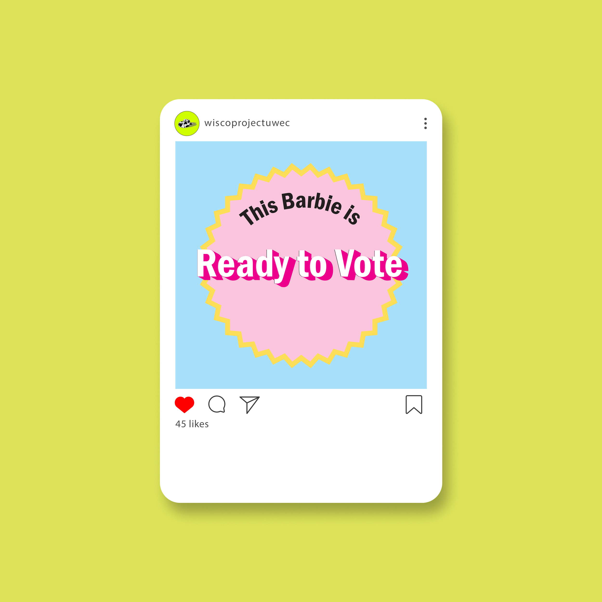Instagram post with a pink badge that says "This Barbie is Ready to Vote" on a light blue background.