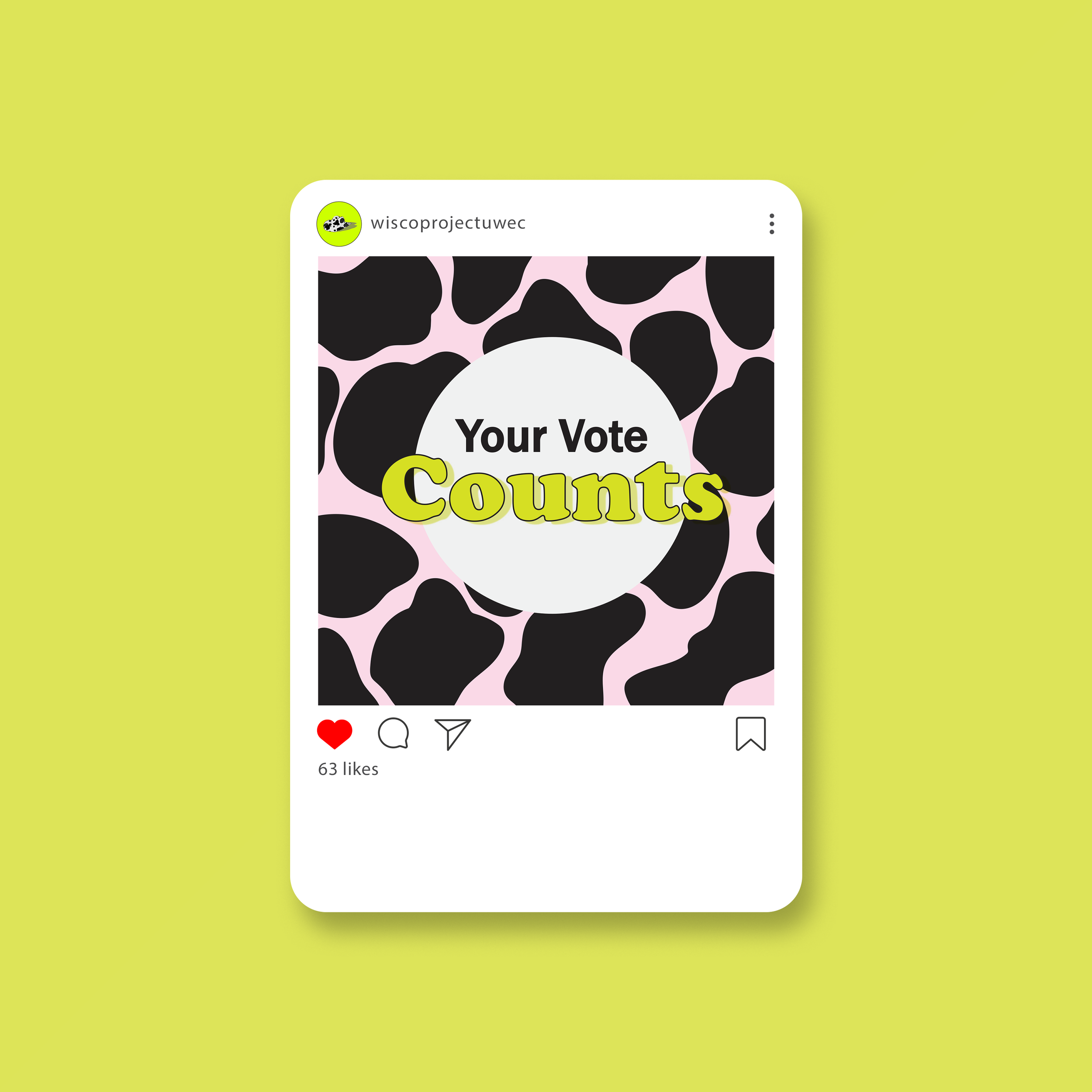 Social media post with a pink background and black cow spots, featuring the message "Your Vote Counts" in black and yellow text.
