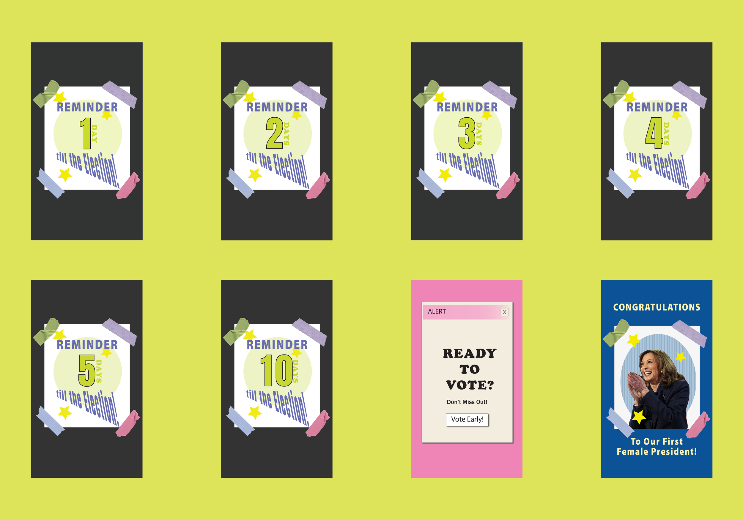 Collection of eight colorful election reminder posters, seven with countdown days, one congratulating the first female president, and one pink alert box asking if ready to vote, with a vote early button.