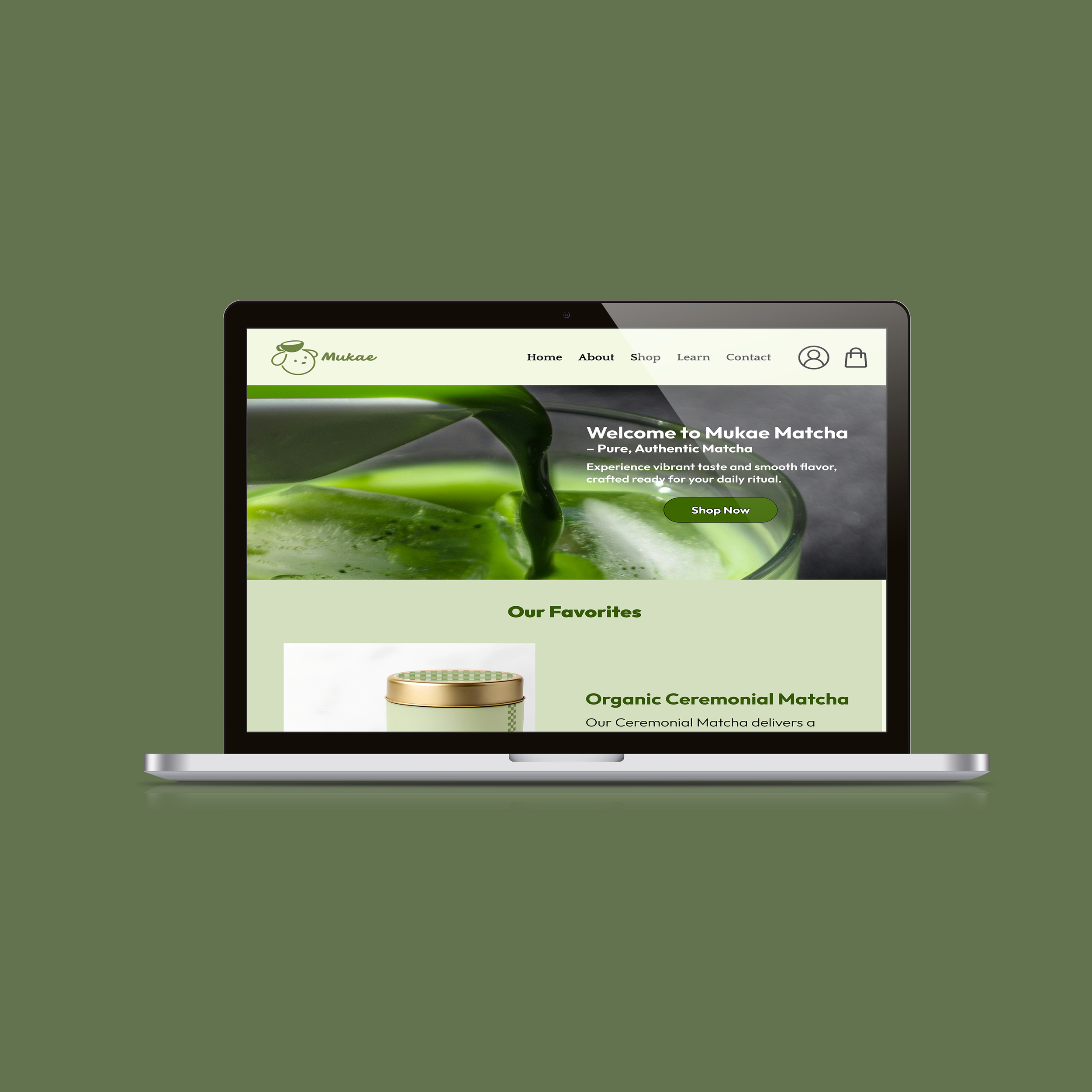 Laptop displaying a website for Mukae Matcha with green-themed design, showing a matcha tea image and navigation menu.