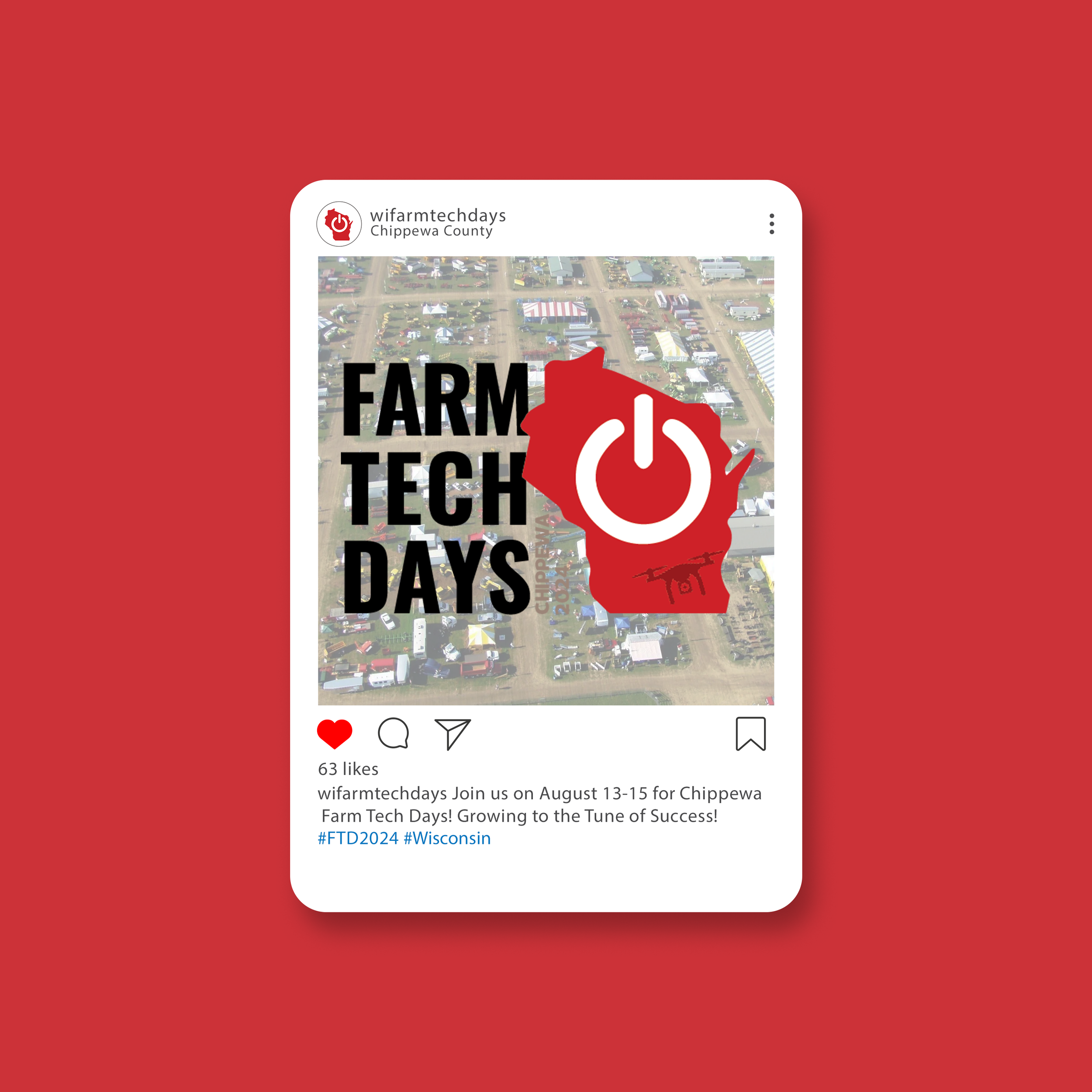 Social media post graphic for Chippewa Farm Tech Days event, featuring an aerial view of the farm, a red outline of Wisconsin with a white power symbol overlaid, and black text that reads 'Farm Tech Days'.