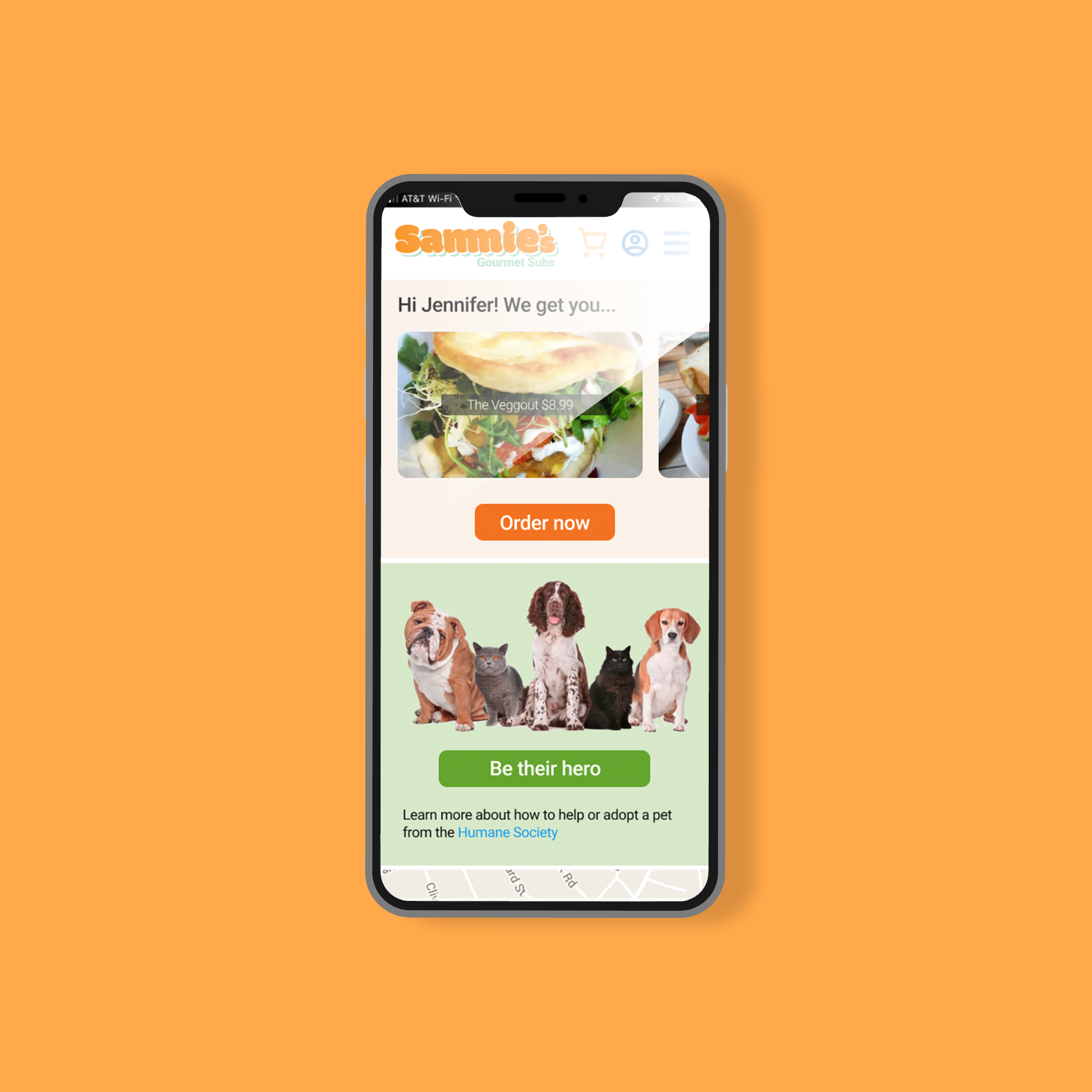 A smartphone screen displaying an app with a menu for ordering sandwiches and adopting pets, featuring images of a sandwich and various dogs and cats.