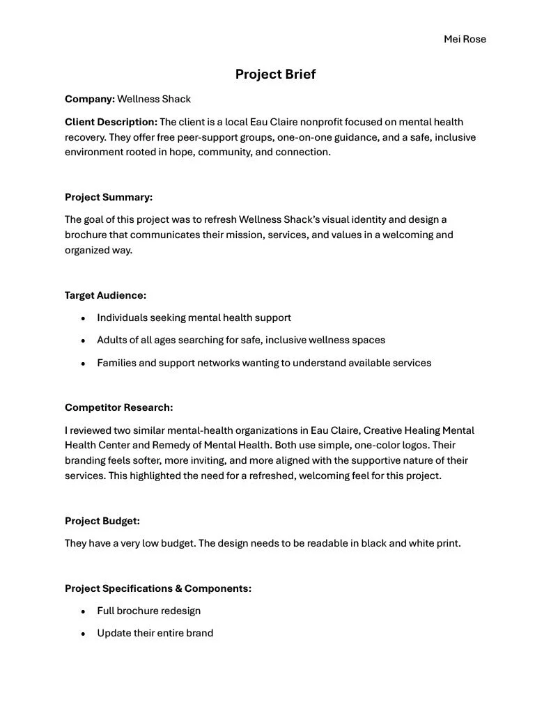 Project brief document for Wellness Shack with sections on company, client description, project summary, target audience, competitor research, project budget, and project specifications and components.