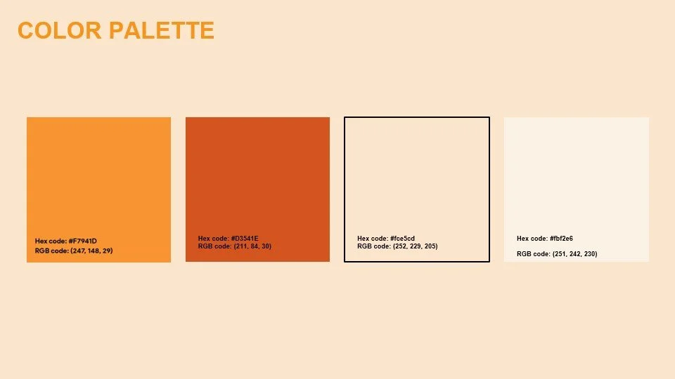 A color palette featuring four colors: orange, red-orange, off-white, and beige, with their respective hex and RGB codes.