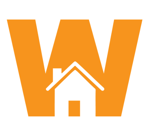 An orange and black logo featuring a large 'W' with a house roof and door integrated in the center.