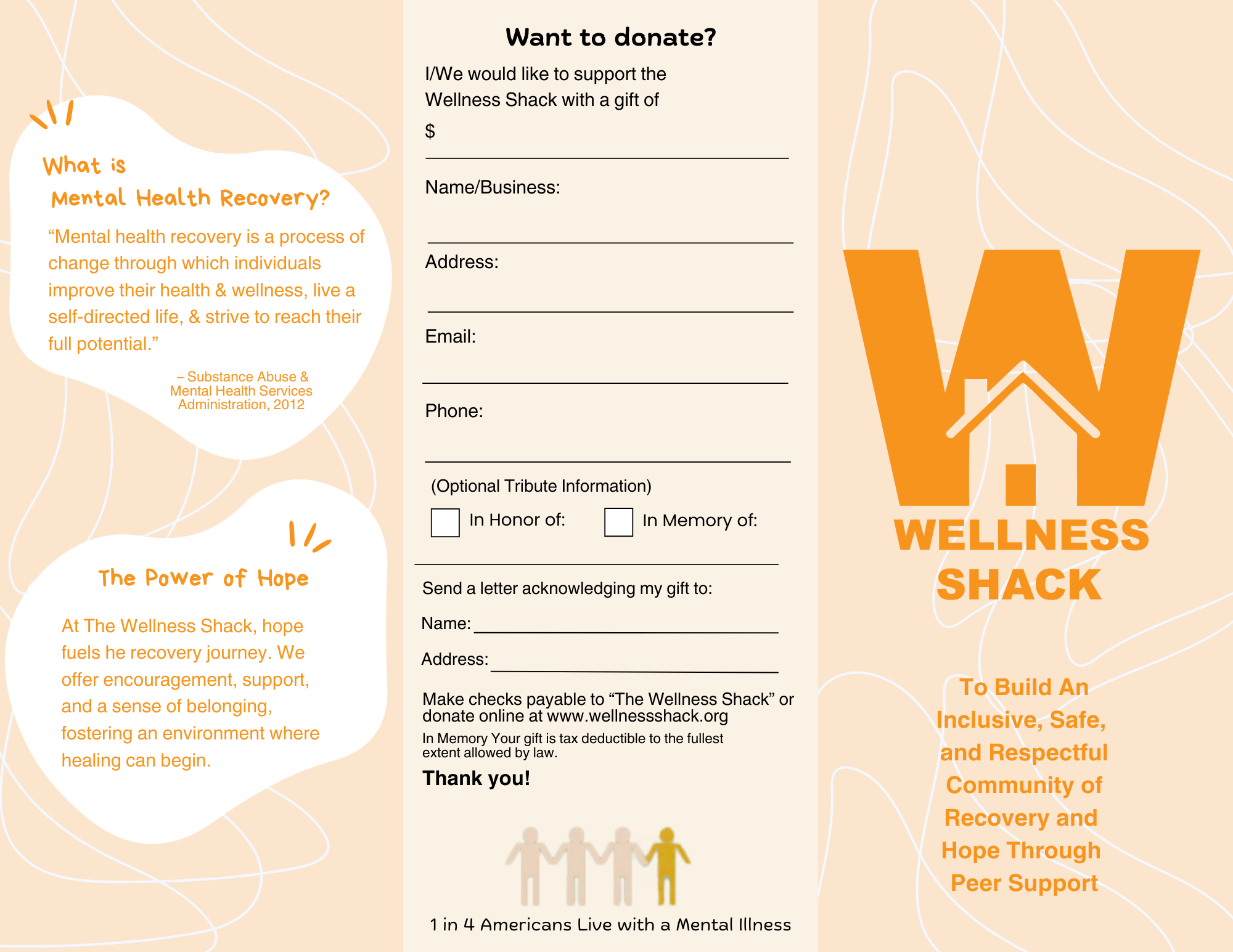A flyer for Wellness Shack with a beige background and abstract white squiggly lines. On the left side, there are two white speech bubbles with orange text; the first defines mental health recovery and the second highlights hope. The right side has a donation form with fields for donation amount, contact information, and memorial/tribute options, along with instructions for mailing checks or donating online. The upper right features a large orange and beige logo with a house inside a W and the words "WELLNESS SHACK." Below the logo, there is a mission statement about building an inclusive, safe, and respectful community of recovery and hope through peer support.