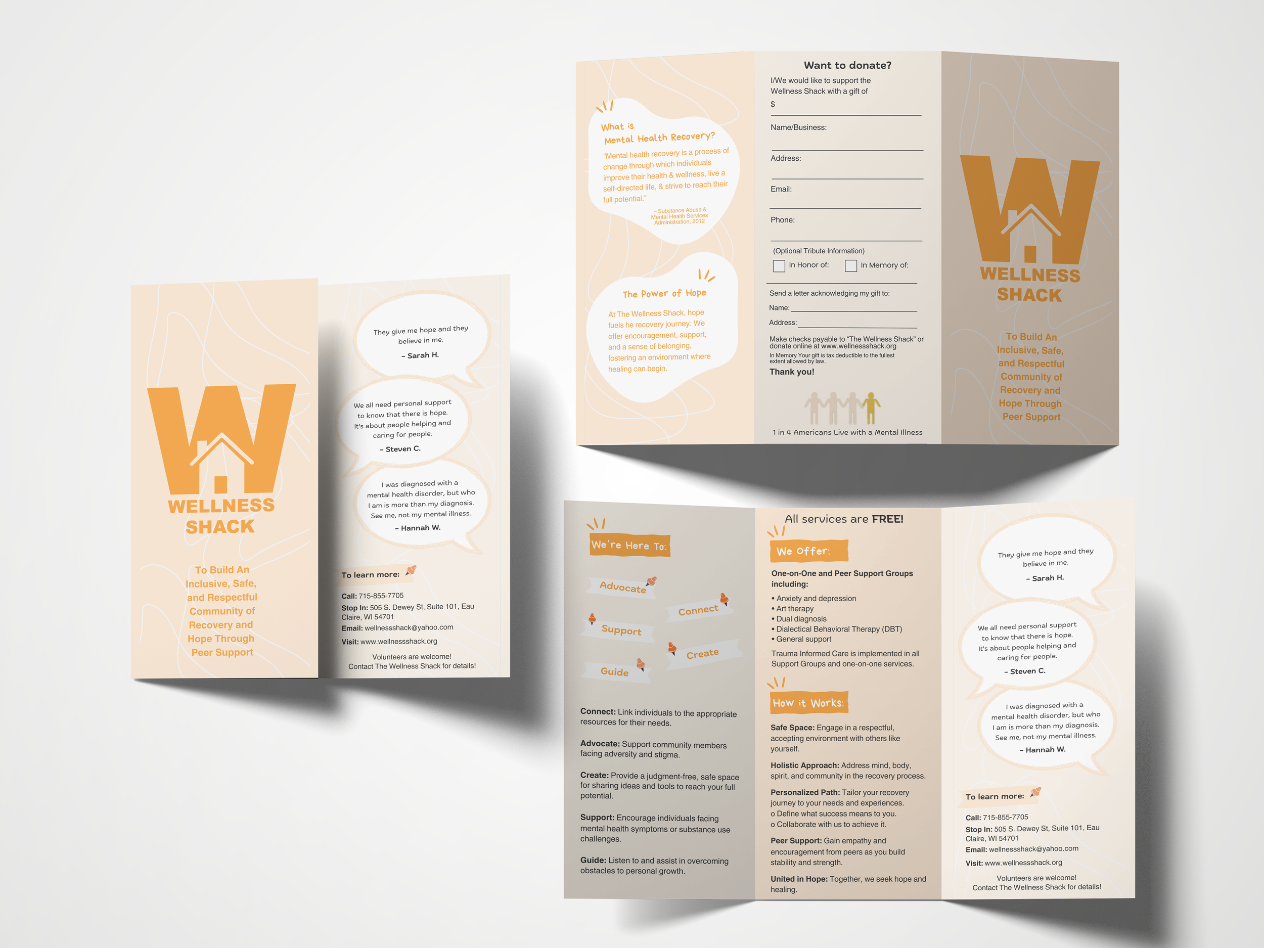 Three folded informational brochures for Wellness Shack, a mental health support organization. The brochures include quotes, contact information, and descriptions of services offered to promote mental health recovery and peer support.