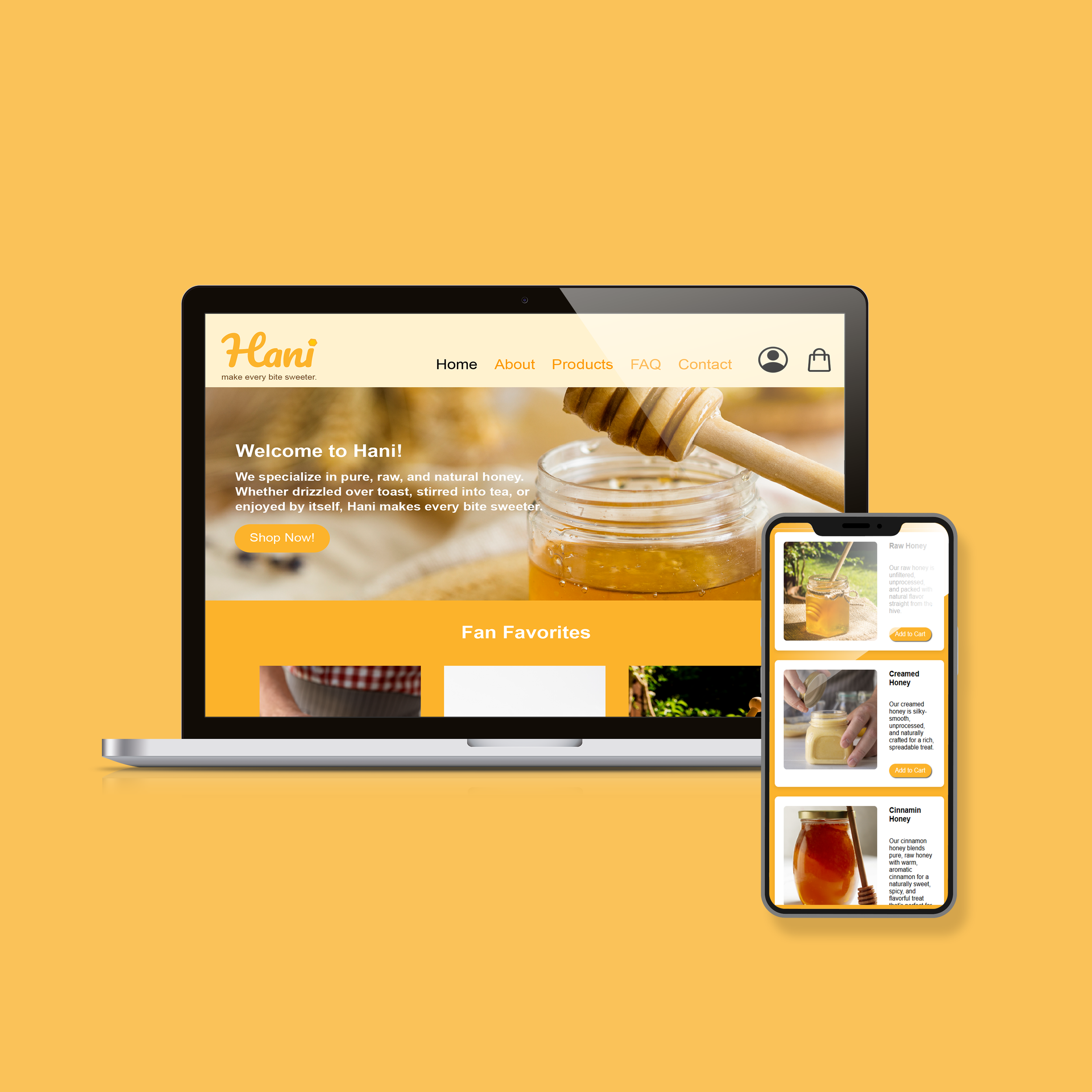 Laptop and smartphone displaying a honey product website with images of honey jars and honey-related items on a yellow background.