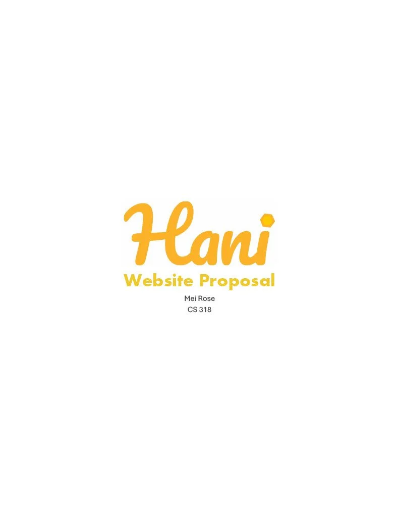 Cover page of a presentation titled 'Hani Website Proposal', created by Mei Rose for CS 318, with a white background and yellow and orange text.
