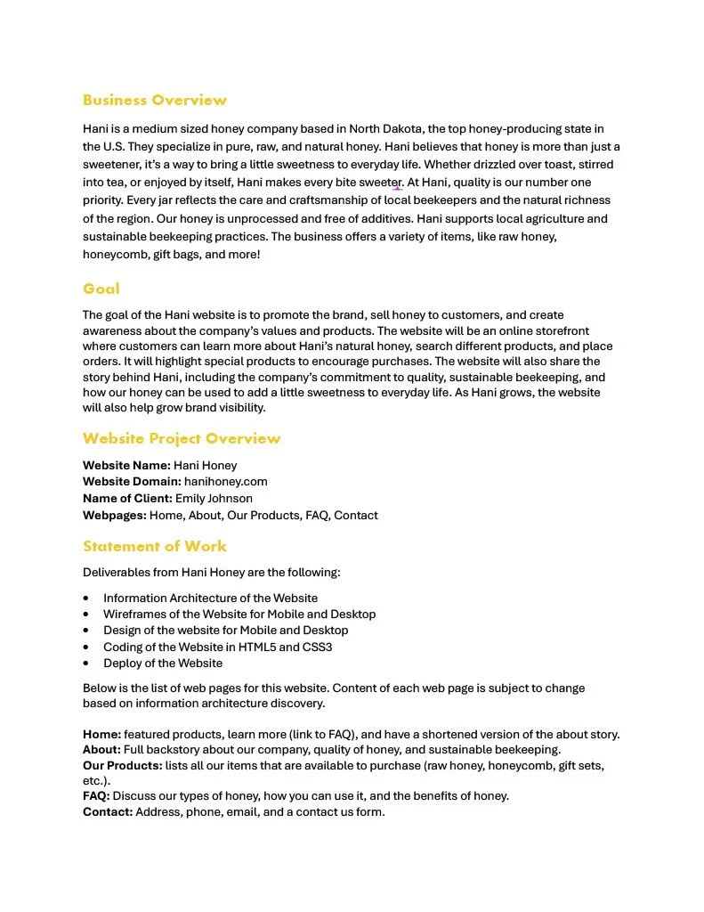 Document titled 'Business Overview' about Hani Honey, a North Dakota honey company, including sections on goals, website project, and work statement, with details on domains, client, and web pages.