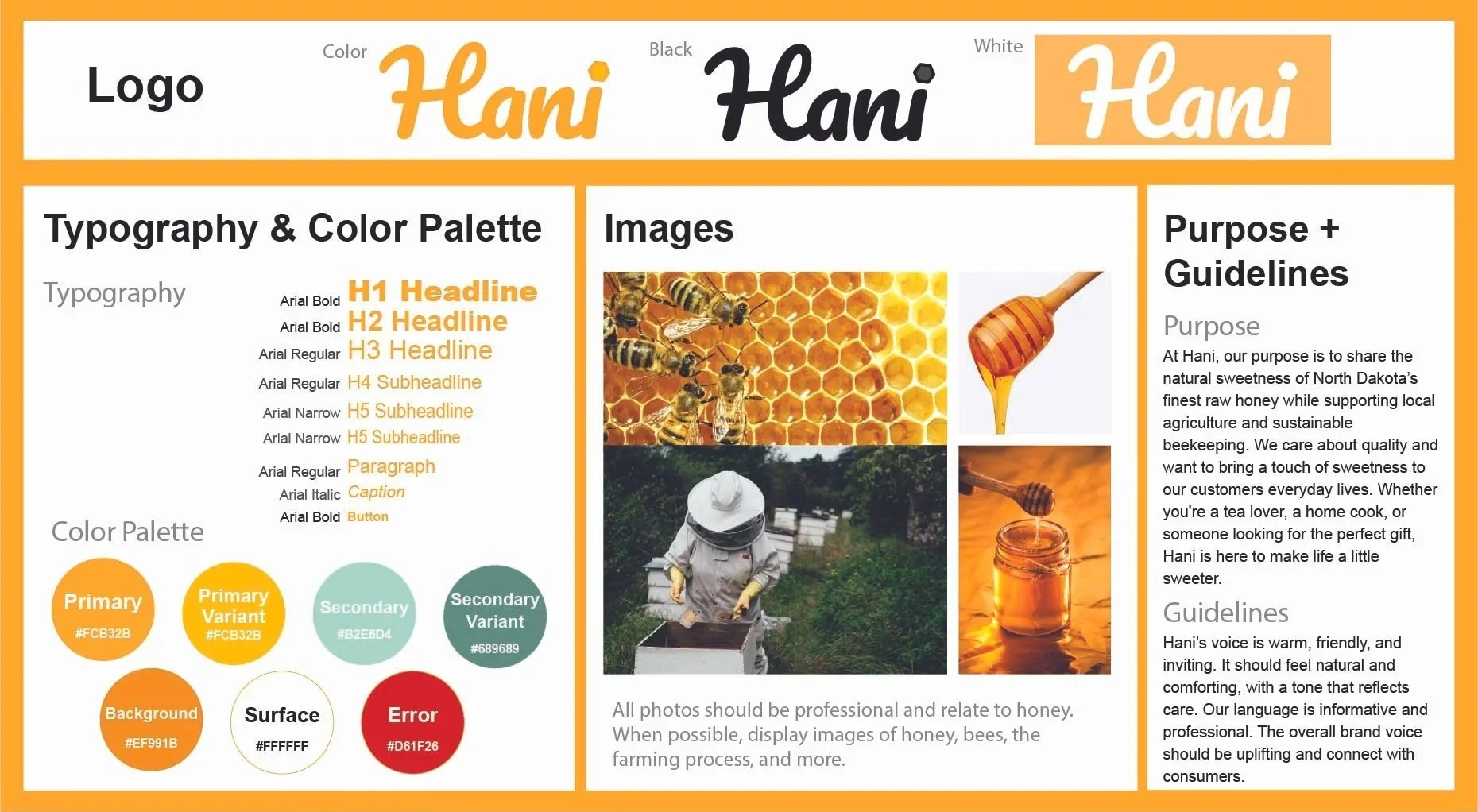 A graphic design color palette and typography guide for the brand 'Hani,' with color swatches, font styles, and images of bees, honey, and beekeeping activities, along with brand guidelines and purpose.