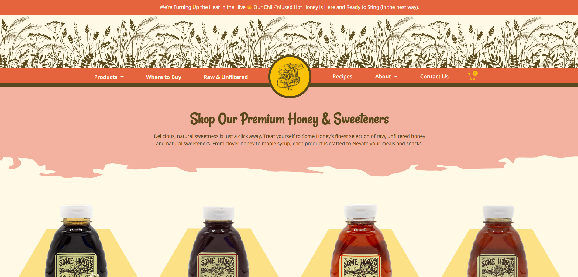 Website homepage for a honey and sweeteners company featuring a header with a honeybee logo, navigation menu, and promotional banner. Below are bottles of honey on display.