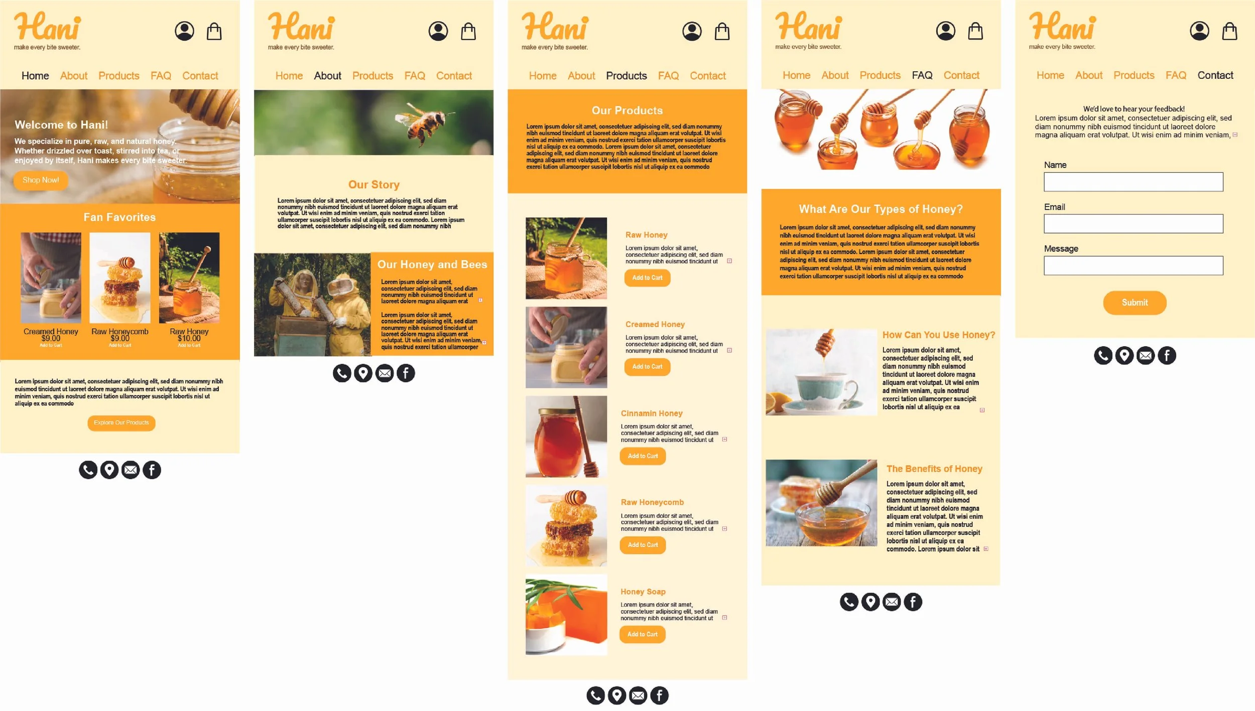 Screenshots of a honey product website with a yellow and orange color scheme. The pages feature sections about honey flavors, products, and benefits, with images of honey jars, honeycombs, bees, and honey-related items. The site includes navigation links for Home, About, Products, FAQ, and Contact, and has contact and social media icons at the bottom.