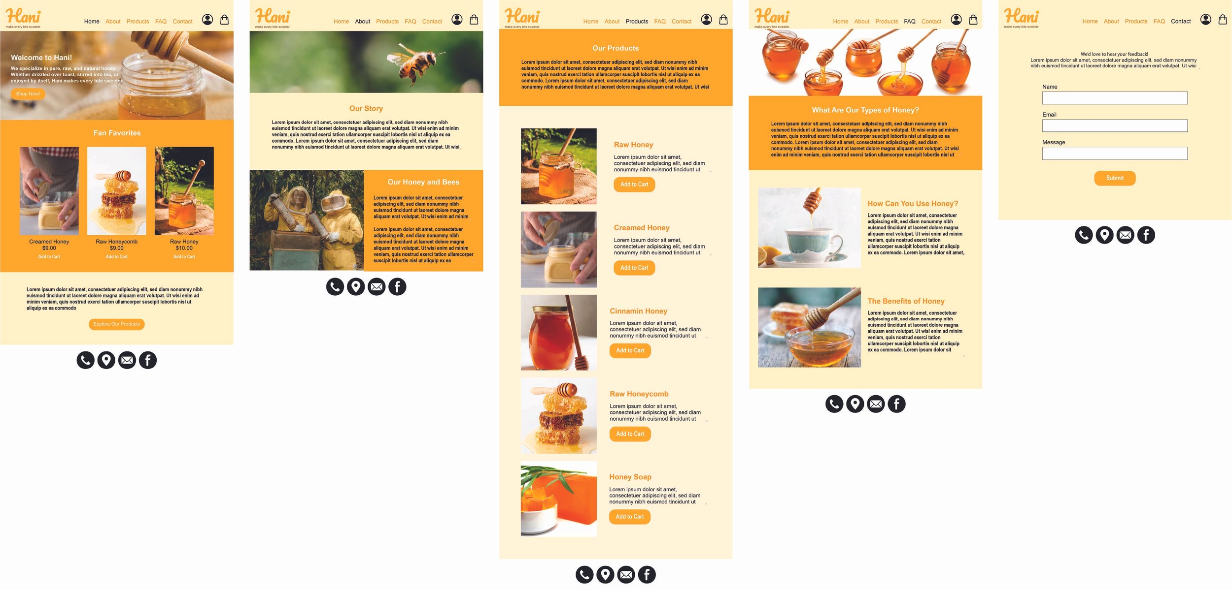 Website homepage and product pages for a honey company called Hani, featuring sections on honey varieties, benefits, and usage, with images of honey jars, bees, honeycomb, and honey-related products.